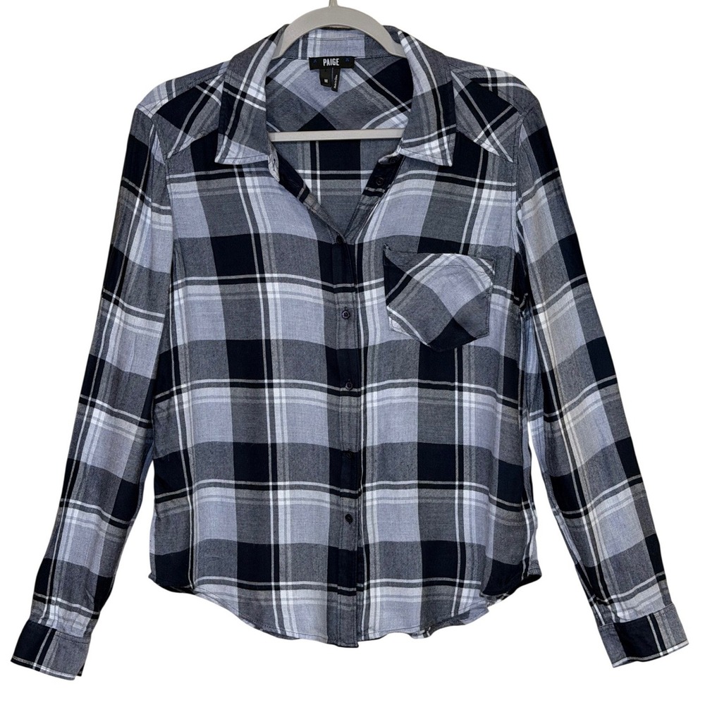 PAIGE Womens Button Down Shirt Blue Black Plaid Medium Grunge Flannel Plaid Core
